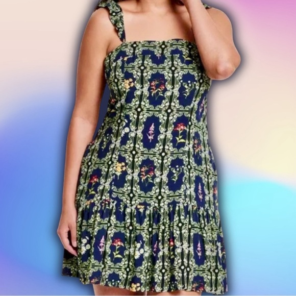 Agua Bendita for Target Navy Blue Floral Tile Print Ruffled Mini Dress Size S - Picture 2 of 16